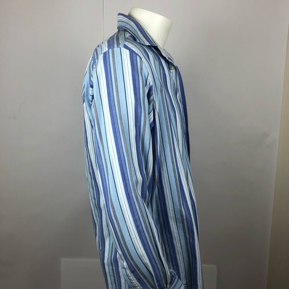 Thomas Dean Men's Blue Striped Button Down Dress Shirt Medium 100% Cotton - Picture 7 of 10
